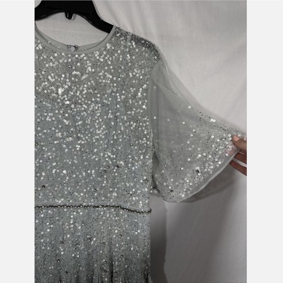 NWT $598 Mac Duggal [ 14 ] Cape Sleeve Beaded Tea A-Line Dress Powder Blue‎ - Picture 11 of 16